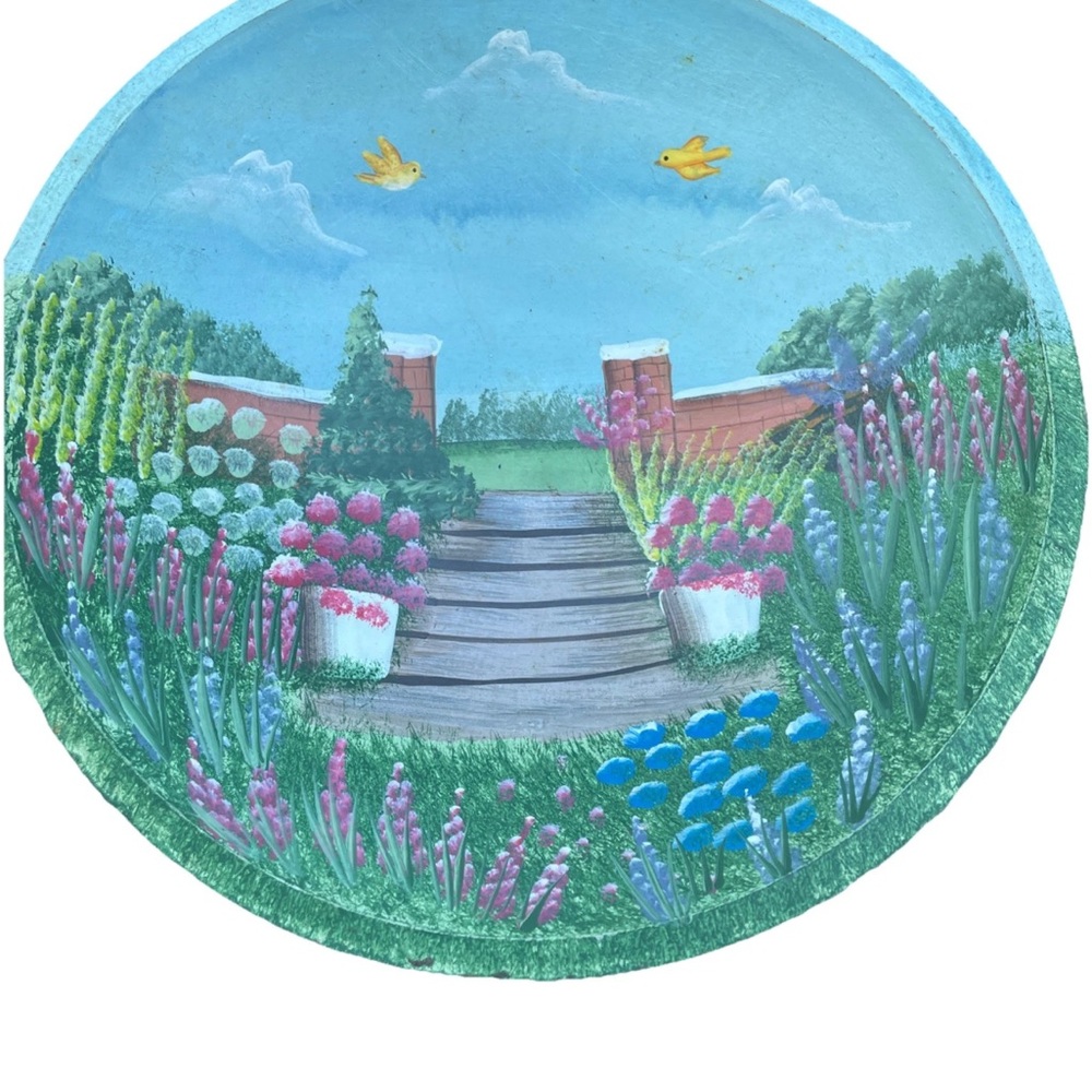 Hand-Painted Garden Path Round Bowl Art - Blue Sky & Floral Scene